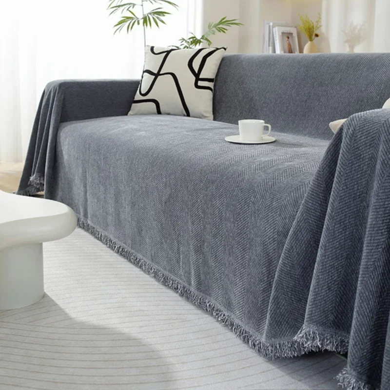 Solid Thick Herringbone Patterned Sofa Towel Chenier Anti Scratch Full Cover Couch Cushion Simple Dust Cover for All Seasons