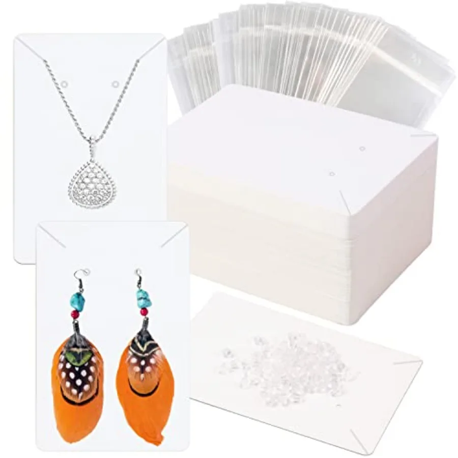 

100pcs Earring Display Card, White Necklace Display Card Holder with Seal Bags and Earring Stud Backs for Jewelry Making Packag