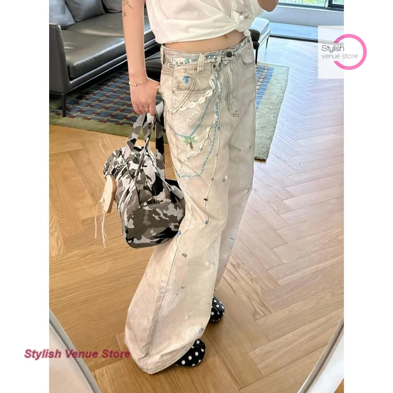 American fashion design prints jeans women's summer new temperament high waist loose slim drape casual wide-leg mop pants.
