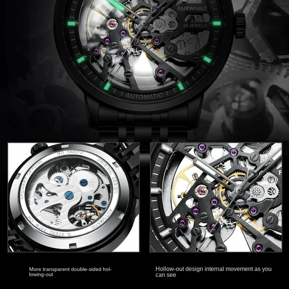 FAIRWHALE Automatic Movement 6040 Fashion Black Steel Skeleton Luminous Waterproof Mechanical Watches for Men Reloj Hombre Box