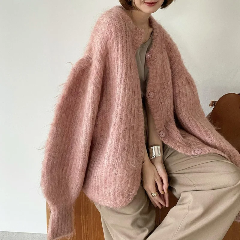 Spring Winter Warm Womens Clothing Long Sleeve Cardigans Femme Mohair Sweater O Neck Ropa Mujer Stick Needle Knitwears Tops