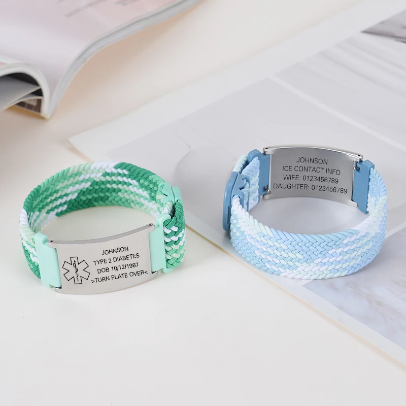 Personalisiertes Medizinisches Warnarmband Elastisches Nylon Individuell Graviertes Etikett Medizinisches ID-Armband Verstellbares Andenken-Geschenk für die Gesundheit – Detail 9