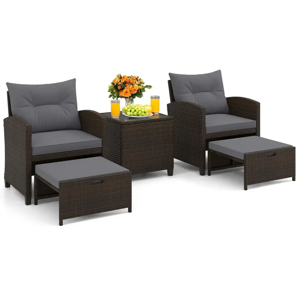 5-Piece Patio Furniture Set with Ottomans, Wicker Outdoor Conversation Set with Coffee Table and Cushions, PE Rattan Lounge Chai