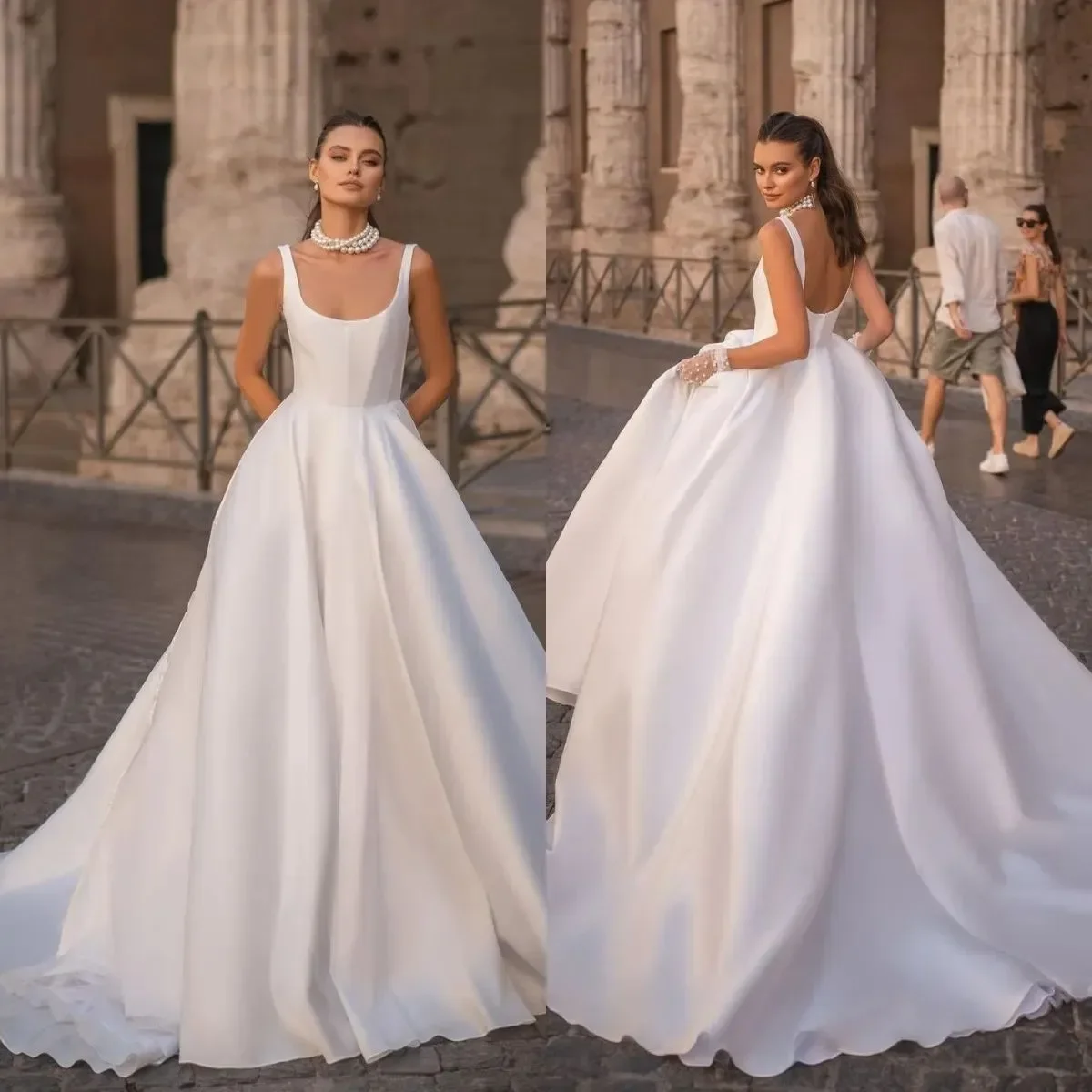 White A-Line Wedding Dress with Wide Straps Backless Design Beach Satin Bridal Gown Designer Vestidos De Novia