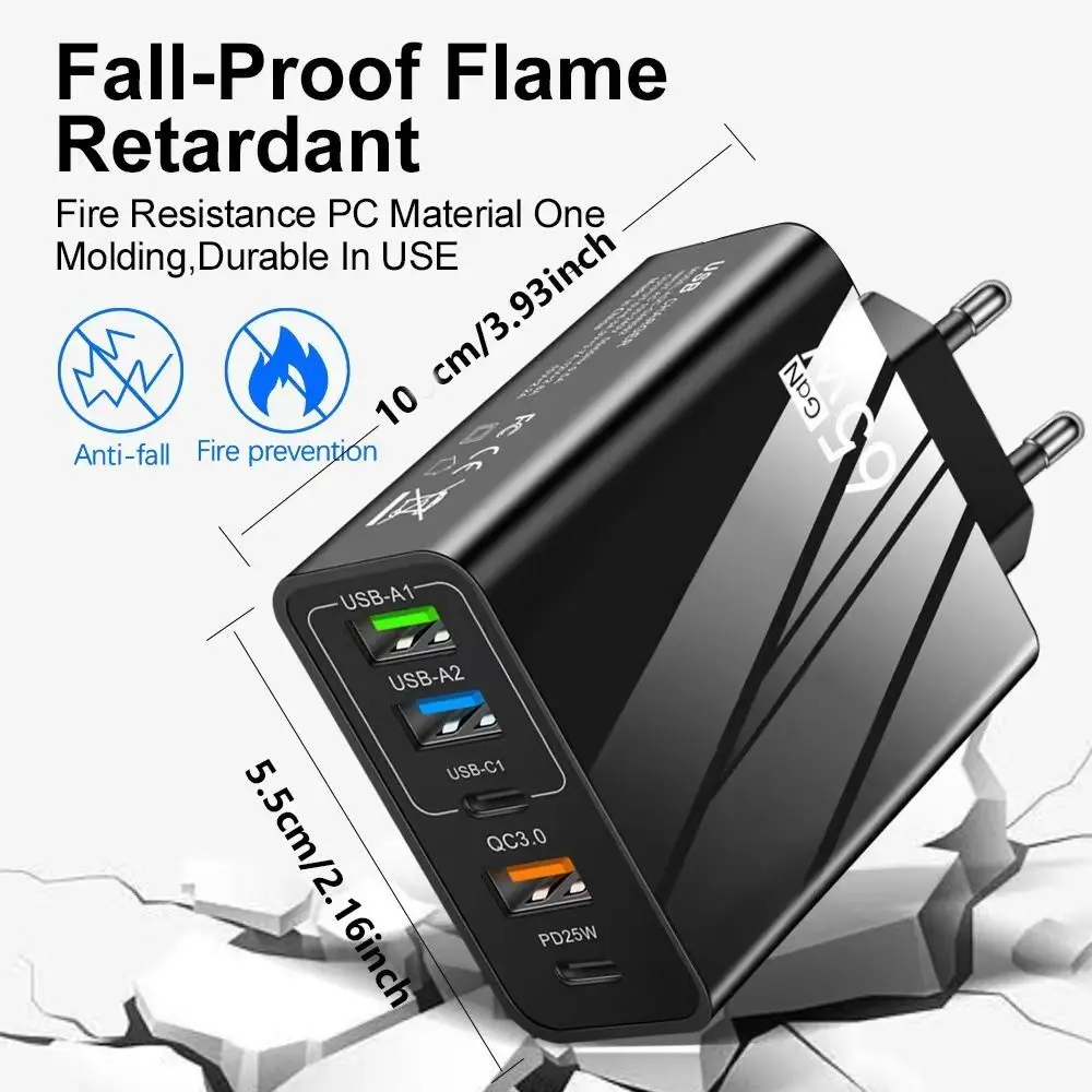 المحمولة 65 واط PD نوع C شاحن حوض 5-Ports شحن سريع محطة شاحن USB واجهة متعددة الاتحاد الأوروبي/المملكة المتحدة التوصيل محول الطاقة