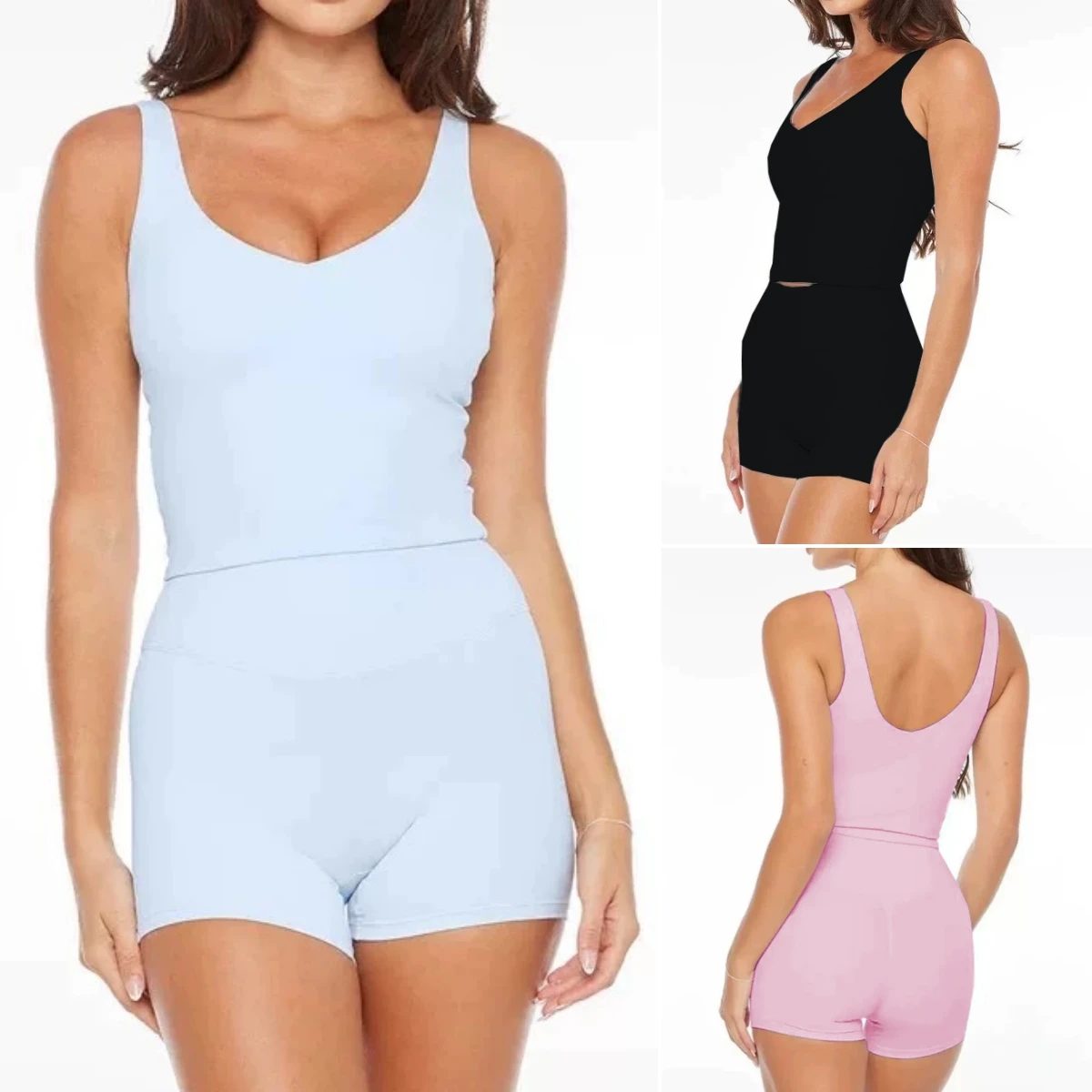 Women 2 Piece Yoga Outfit V Neck U Back Tank Crop Top High Waist Biker Shorts Set Stretch Quick Dry Workout Gym Fitness yoga set