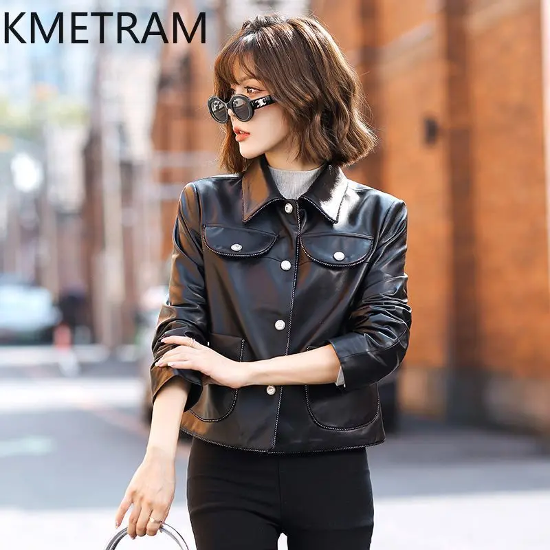 Giacca in pelle di pecora naturale al 100% Donna Giacche corte nere in vera pelle Novità in capispalla Abiti autunnali 2025 Donna дубл Sbianка