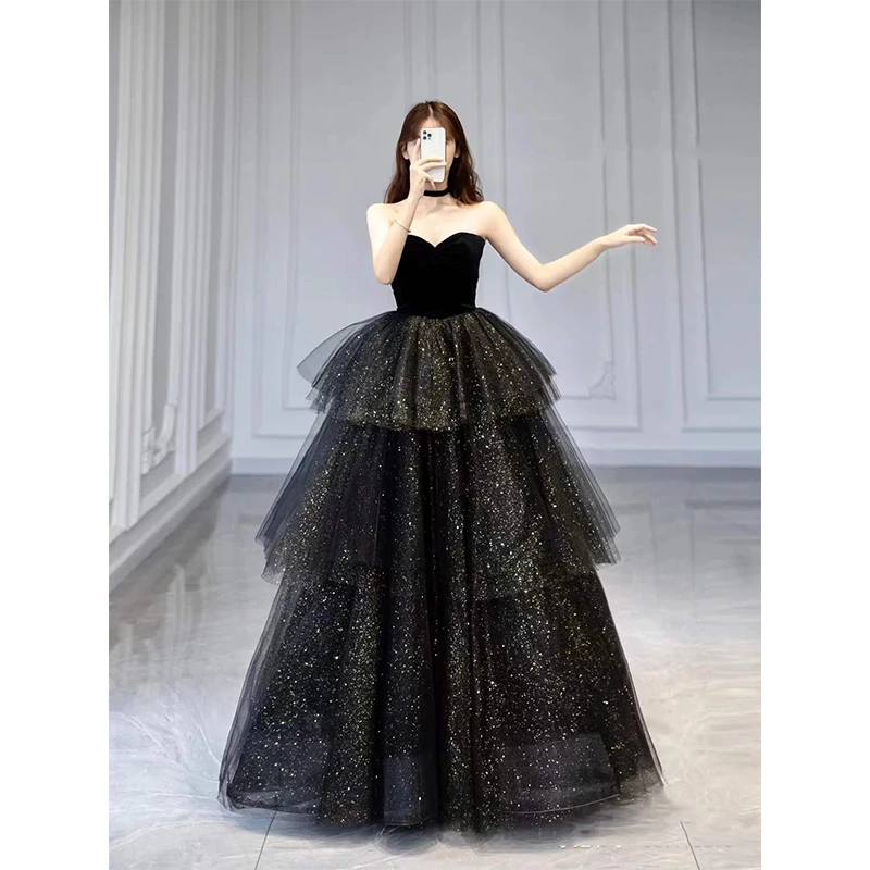 

Black Evening Dress 2024 New Annual Meeting Temperament Entry Niche High-End Adult Ceremony Tube Top Host Sense