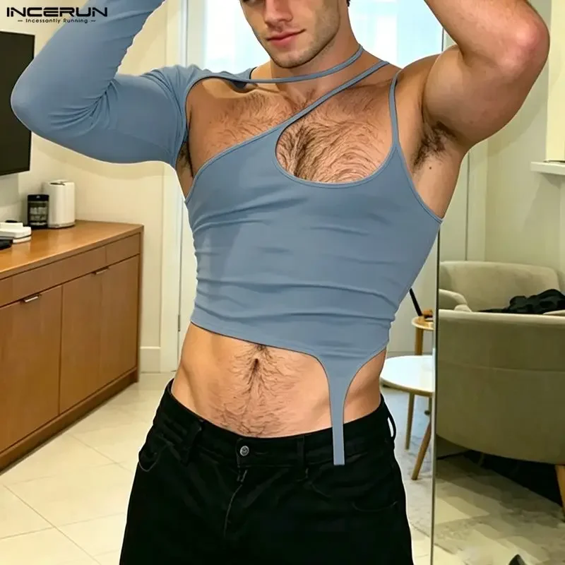 INCERUN Men's Irregular Tank Tops Solid Summer Sexy Male Crop Tops With One Sleeve Streetwear 2026 Fashion Party Men Clothes