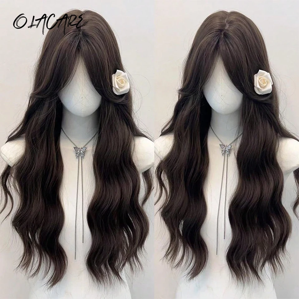 OLACARE Brown Ash Long Water Wave Hair Lolita Wigs Middle Part Synthetic Wig For Women Fashion Thick Curls Wigs Girl