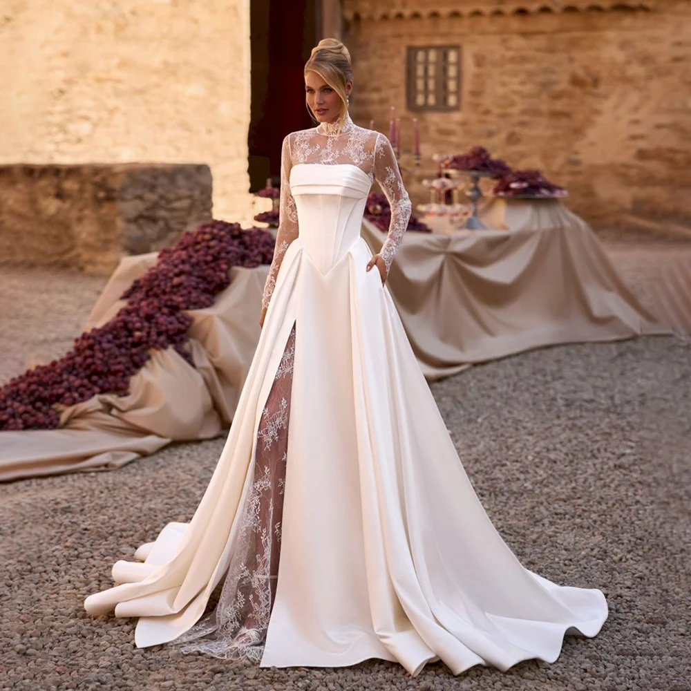 Off Shoulder Lace Top Wedding Dress with Front Split Sweep Train A Line Bridal Gown for Brides Vestidos De Novia Robe De Mariée