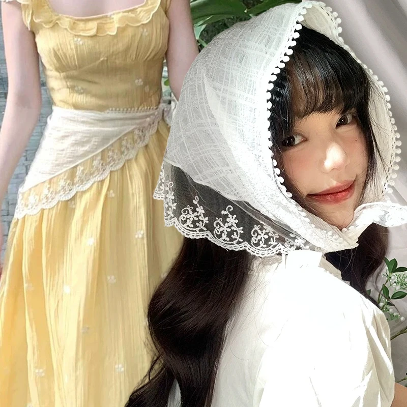 

Women Korean Ins Lace Hair Scarf Triangle Hair Band Strap Hair Bag Headscarf Hat Travel Photo Kerchief Headband Accessories