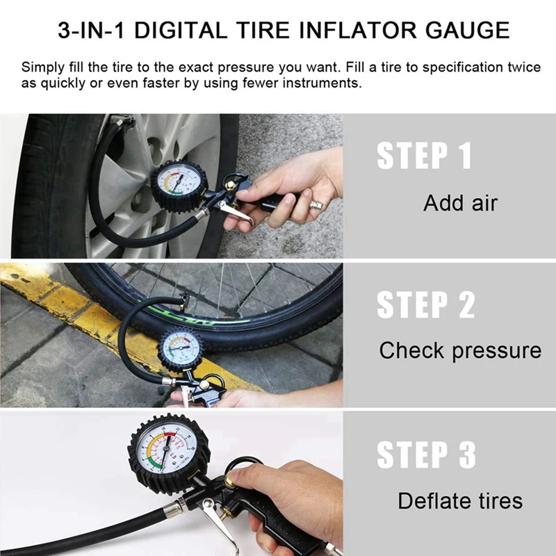 2X Tire Pressure Gauge 220 PSI Tire Inflator With 90 Degree Valve Extender Air Compressor For Car Motorcycle Bike Truck