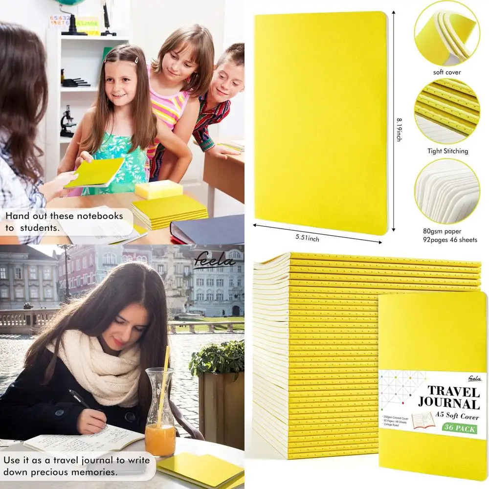 

Bulk A5 Lined & Blank Travel Notebooks, 8.2x5.5, Lemon Yellow, College Ruled for Men & Women, Writing, Work, School Supplies