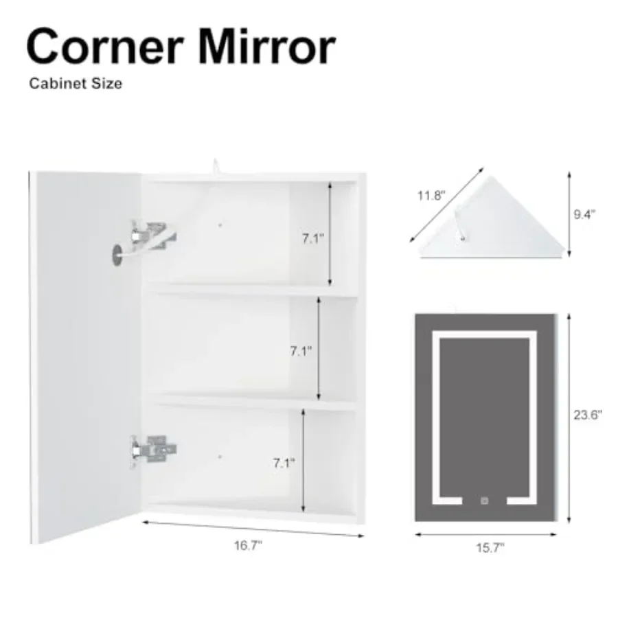 Corner medicine cabinet with light, lighted medicine cabinet with mirror, aluminum frame, white, soft LED illumination and anti