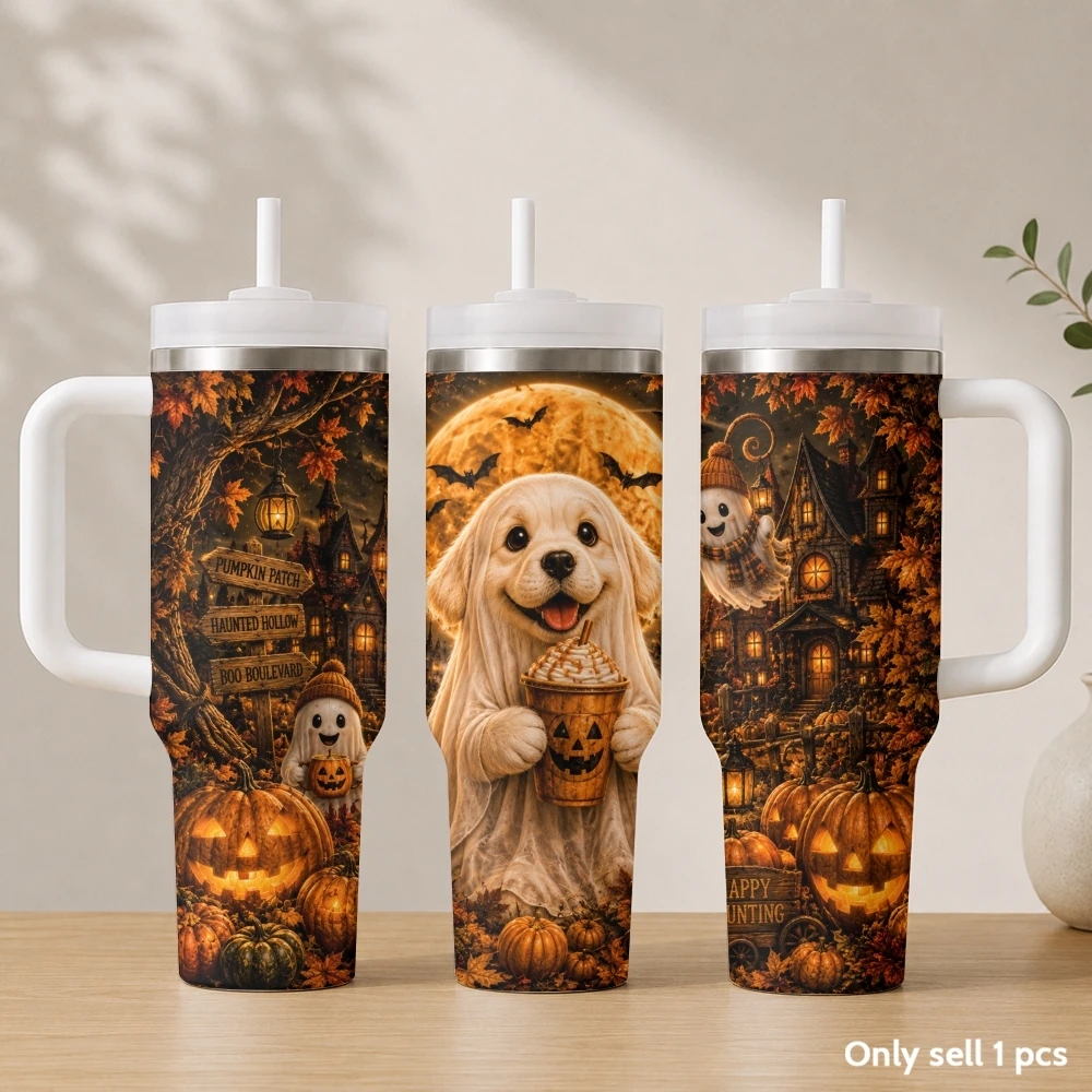 Cute little cow ghost Vacuum Flasks 40oz Stainless Steel Insulated Tumbler with Handle & Straw Leakproof Travel Mug