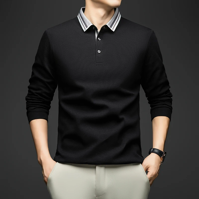 

Мужские топы из 100 чистого хлопка, осень 2023, классическая деловая футболка с отложным воротником, однотонные хлопковые рубашки поло с длинными рукавами