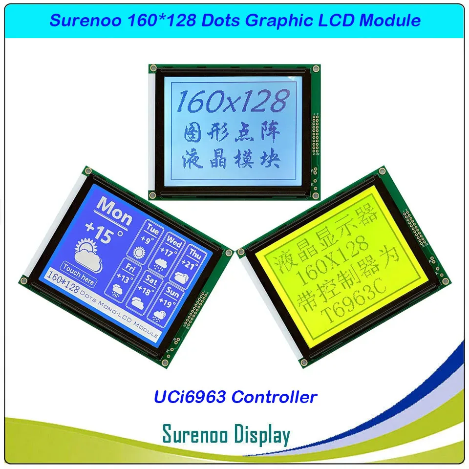 Wyświetlacz LCD z matrycą graficzną 4.7 cala, 160128 (160*128), wbudowany kontroler T6963C lub RA6963, żółto-niebieski z podświetleniem.