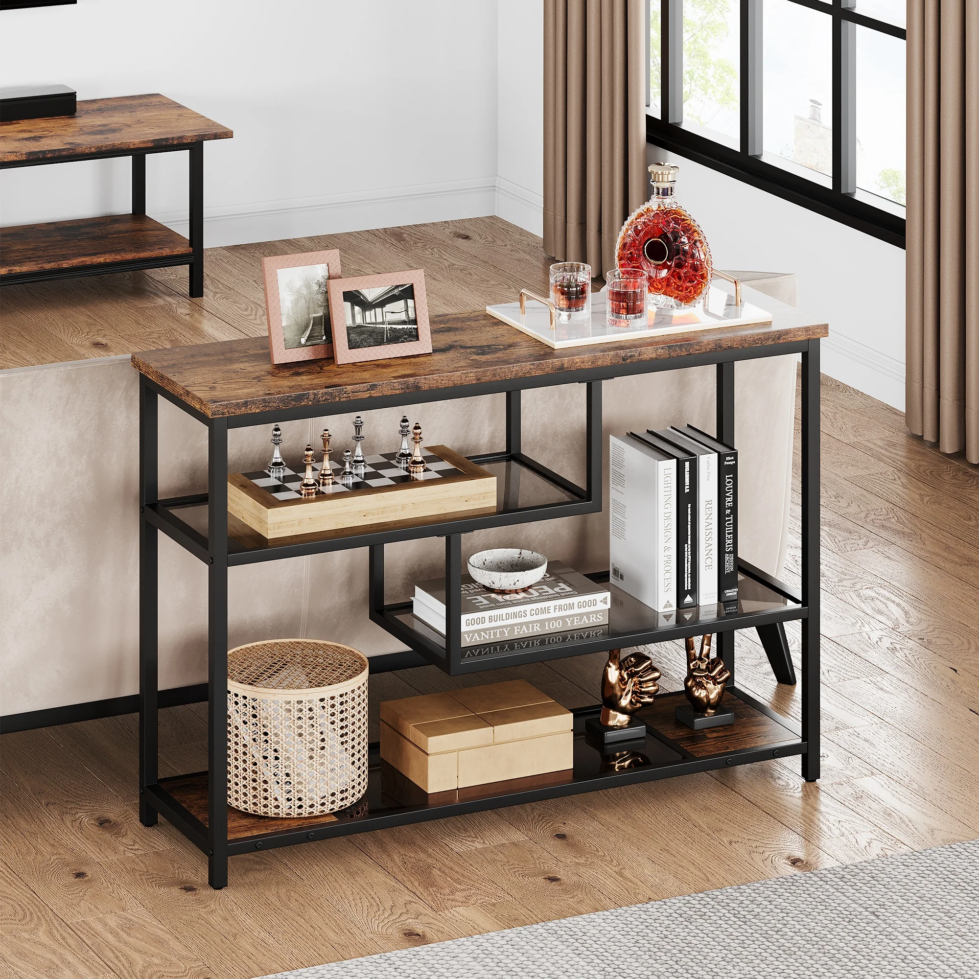 GarveeLife compacte 4-delige console tafel, smalle haltafel met glazen plank en metalen frame – veelzijdig inzetbaar, ruimtebesparend voor woonkamer, hal, slaapkamer of entree – rustiek bruin
