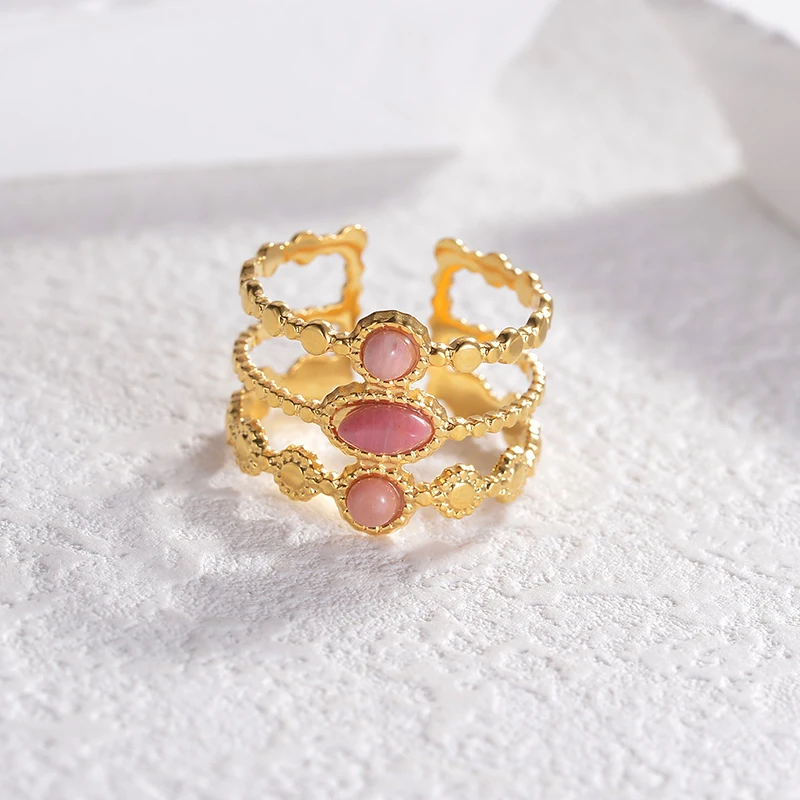 Letdiffery Vintage Three-row Pink Stones Ring Stainless Steel for Women Gold Color Geometric Open Rings Jewelry Gift