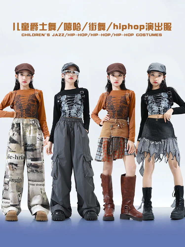 Kids hip hop dance set Girls exposed belly button black top jazz dance fashion stage performance costumes vintage ripped jeans