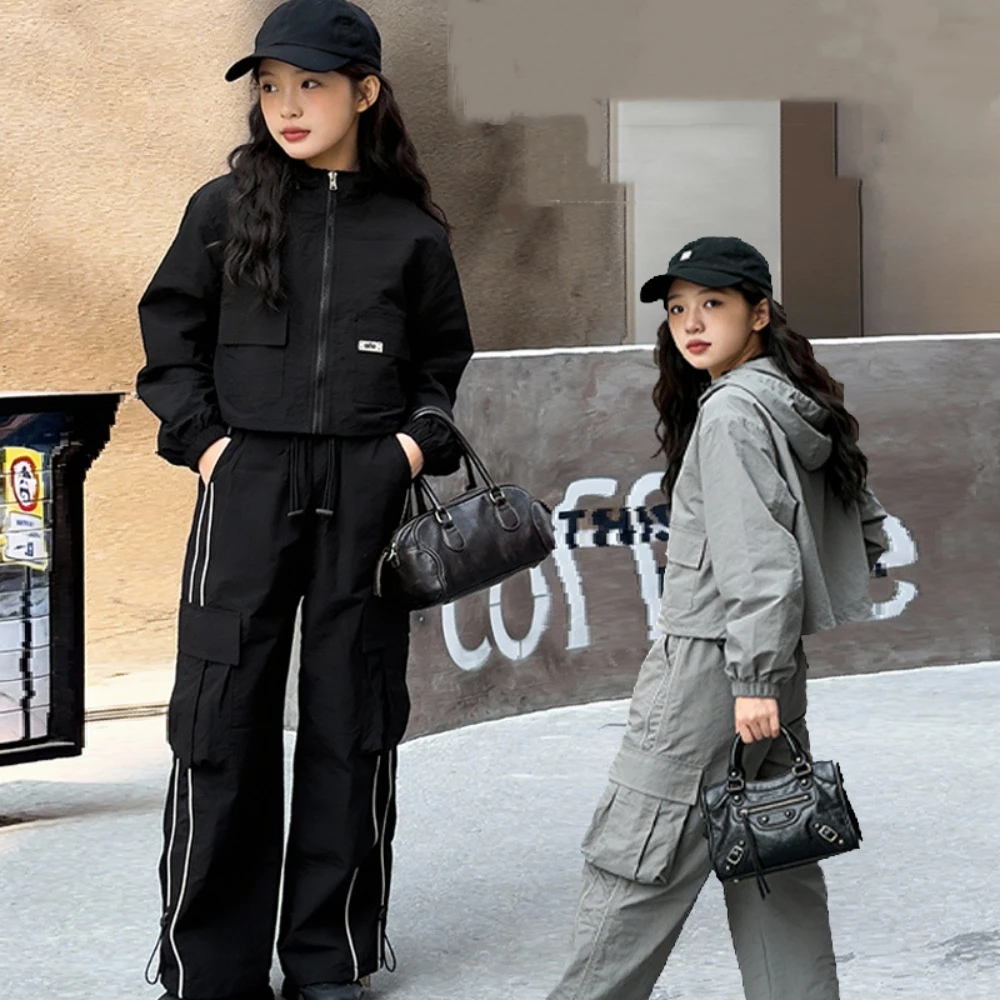 Girls' Autumn Trendy Cool Set 2026 New Big Kids' Zippered Hoodie Jacket+Wide Leg Pants Children's Korean Fashion Two Piece Set 2