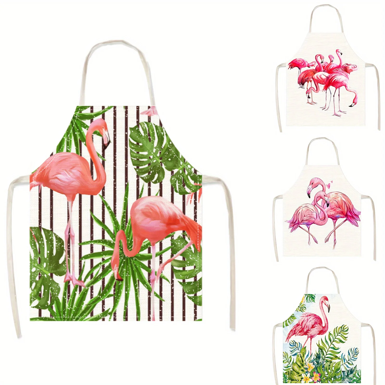 1pc Tropical Pink Flamingo Leaves Apron Linen Women Kitchen Cooking Baking Chef Bib Summer Party Gift