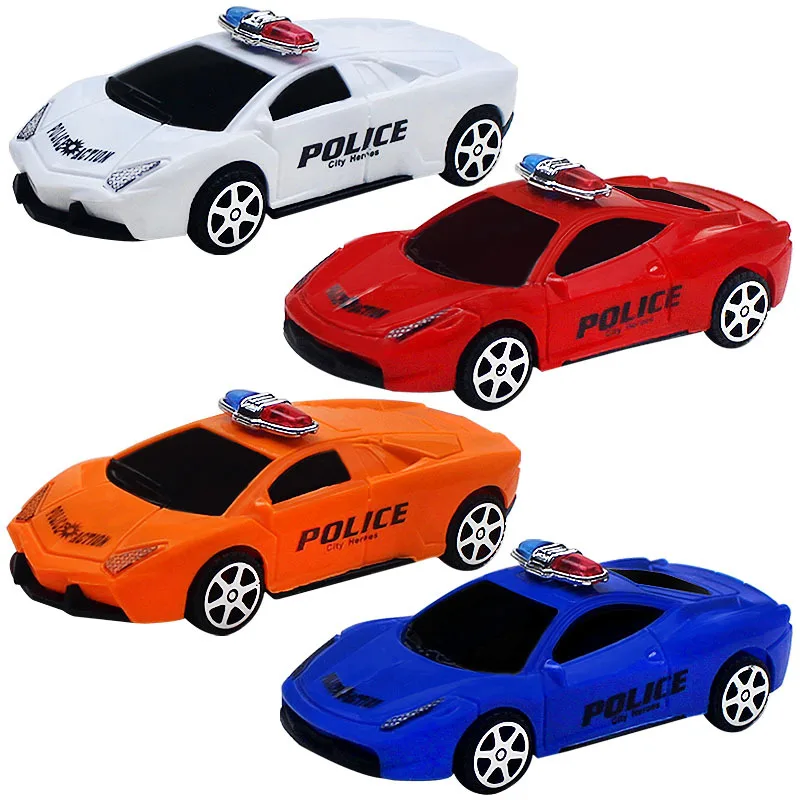 Brinquedo de carro de polícia pull back para crianças, simulação plástica, modelo multicolorido, carro inercial, brinquedos de quebra-cabeça, presentes para meninos, 4 peças