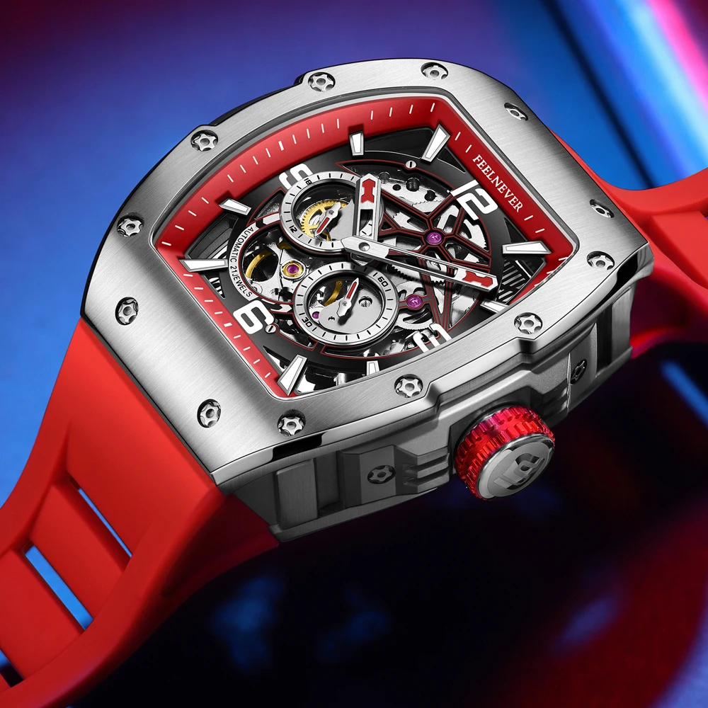 FeelNever Men Watch Brand Tonneau Automatic Mechanical Luminous Original Hollowing Out Movement Sapphire Independent Second Dial view 5