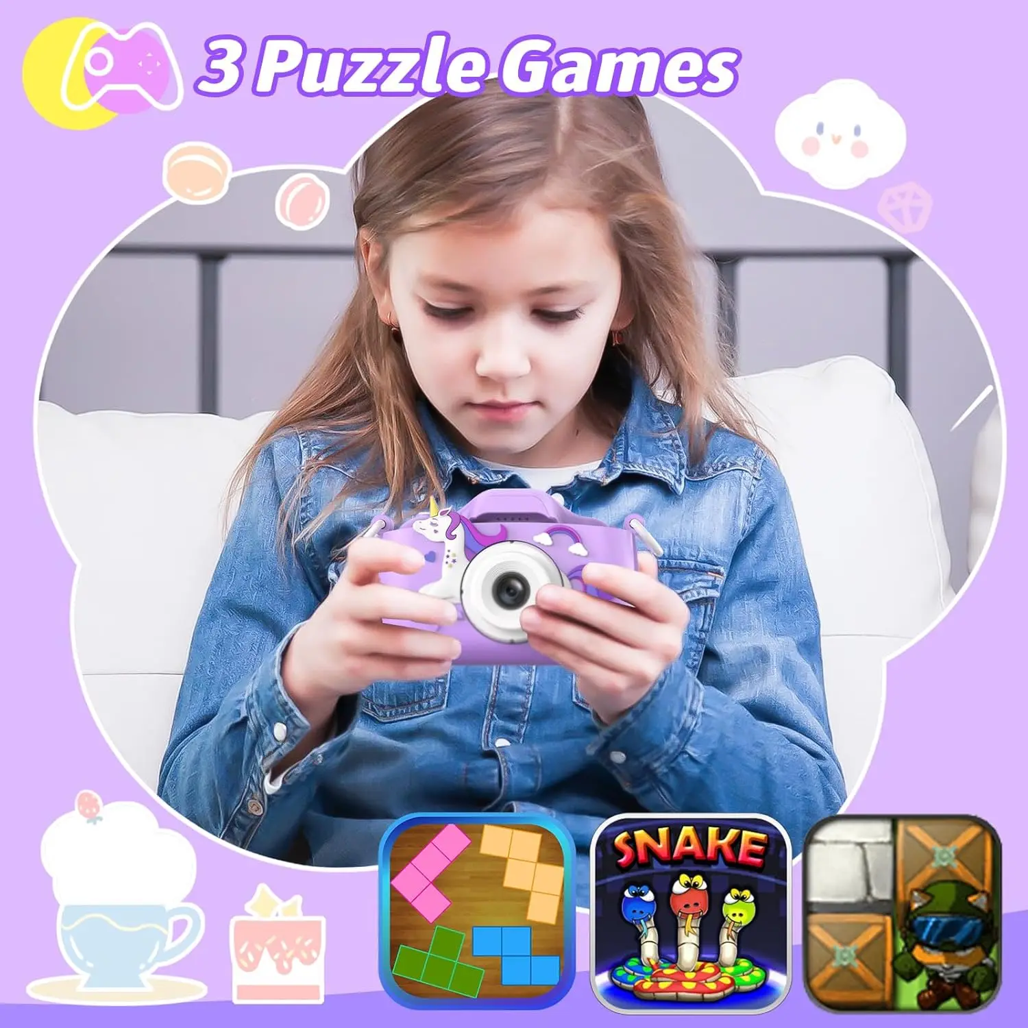 INOCTI Cámaras para niños, Serie de unicornios, Cámara para niños, Cámara de vídeo digital para niños pequeños, Juguetes para regalos de cumpleaños de Navidad de 3 a 8 años