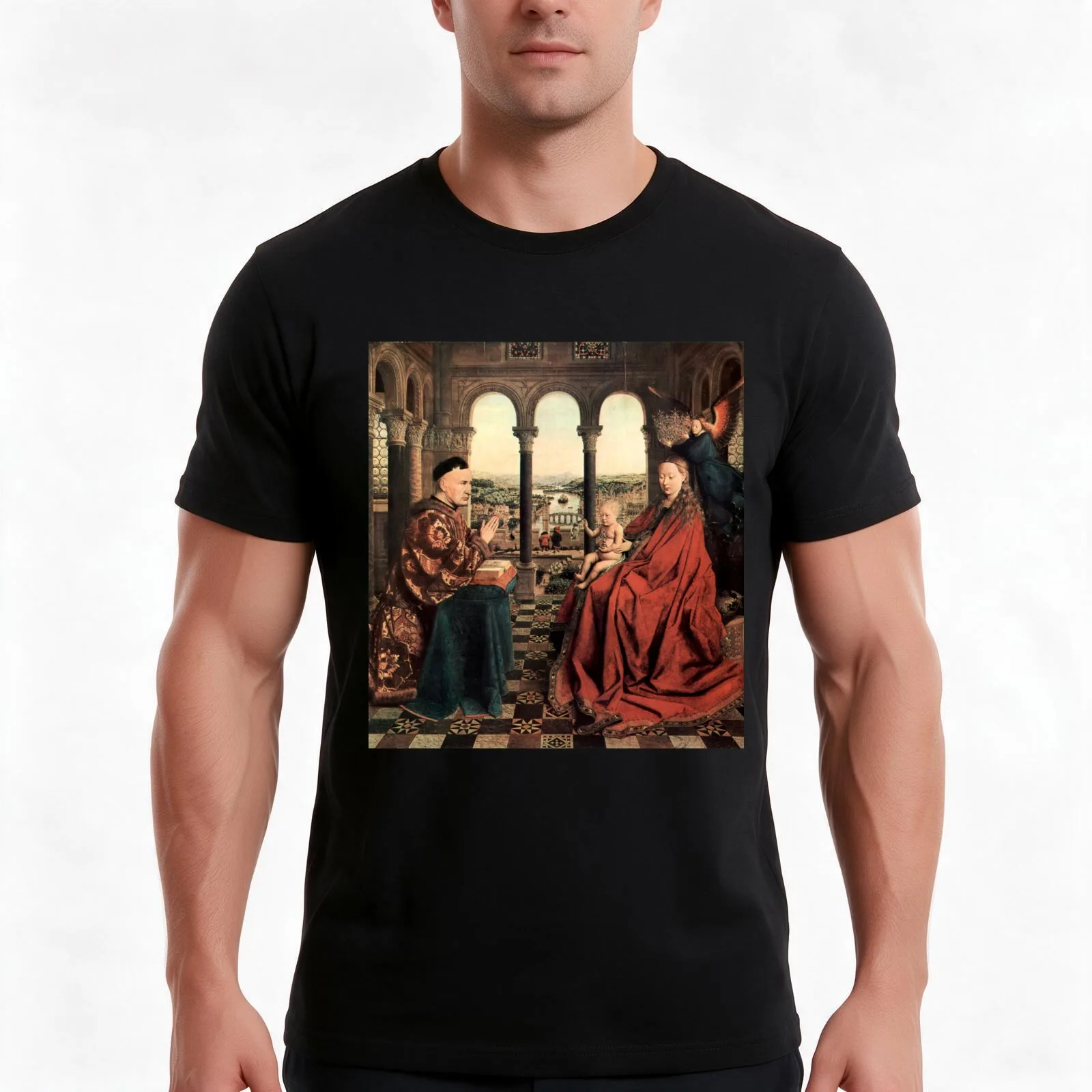 Blessed Mary: Madonna of Chancellor Rolin Jan van Eyck T-Shirt Summer Casual Cotton Tee Oversized Streetwear Tops