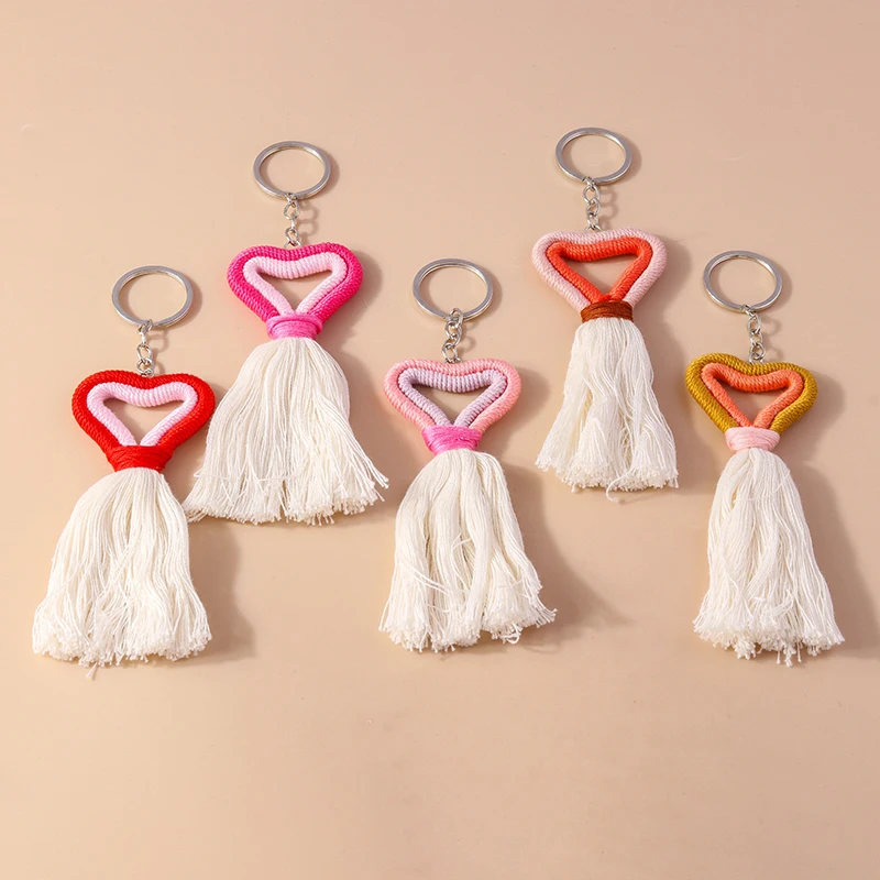 Pretty Hand knitted Tassels Love Heart Keychain for Women Girl Cute Bohemian Key Ring Pendants Handbag Decor DIY Jewelry Gifts