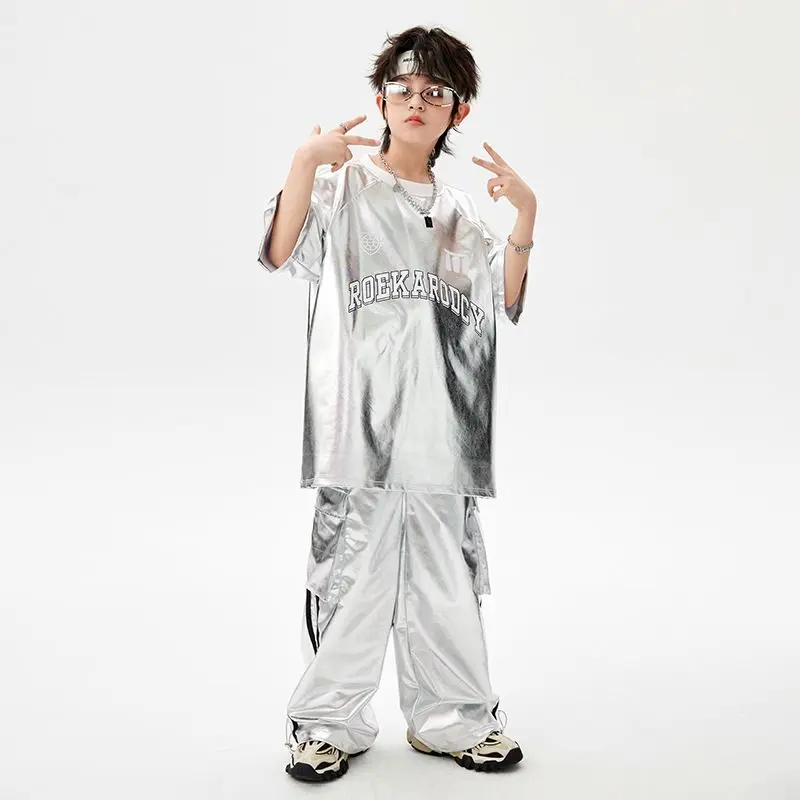 Boys Hip Hop Silver T-shirt Street Dance K-pop Cargo Pants Girls PU Leather Clothes Set Child Shiny Streetwear Kids Jazz Costume image 3