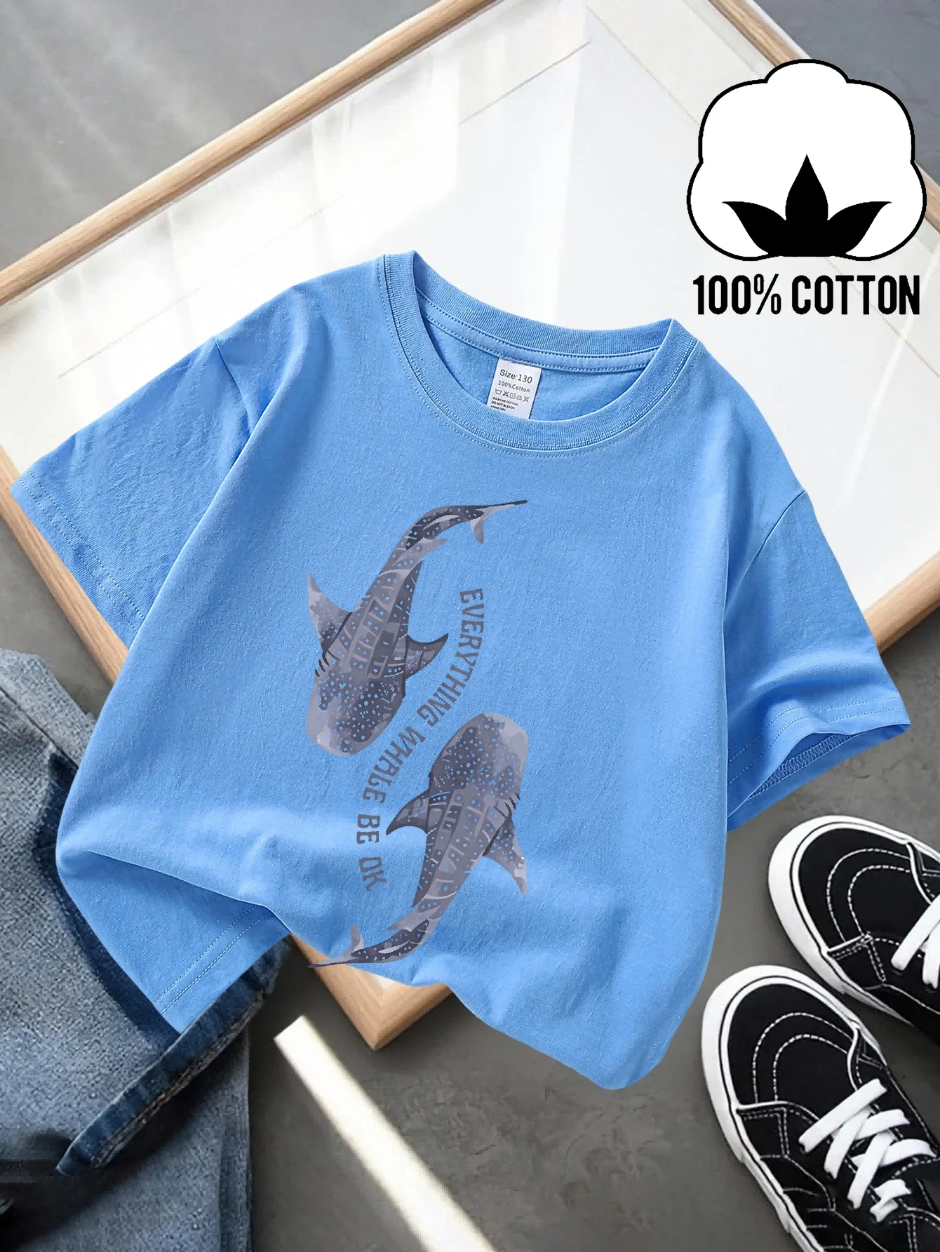 Summer Children's Fashionable Casual Short Sleeved T-shirt with Whale Shark Pattern Print Design and Round Neck Parent-child Top