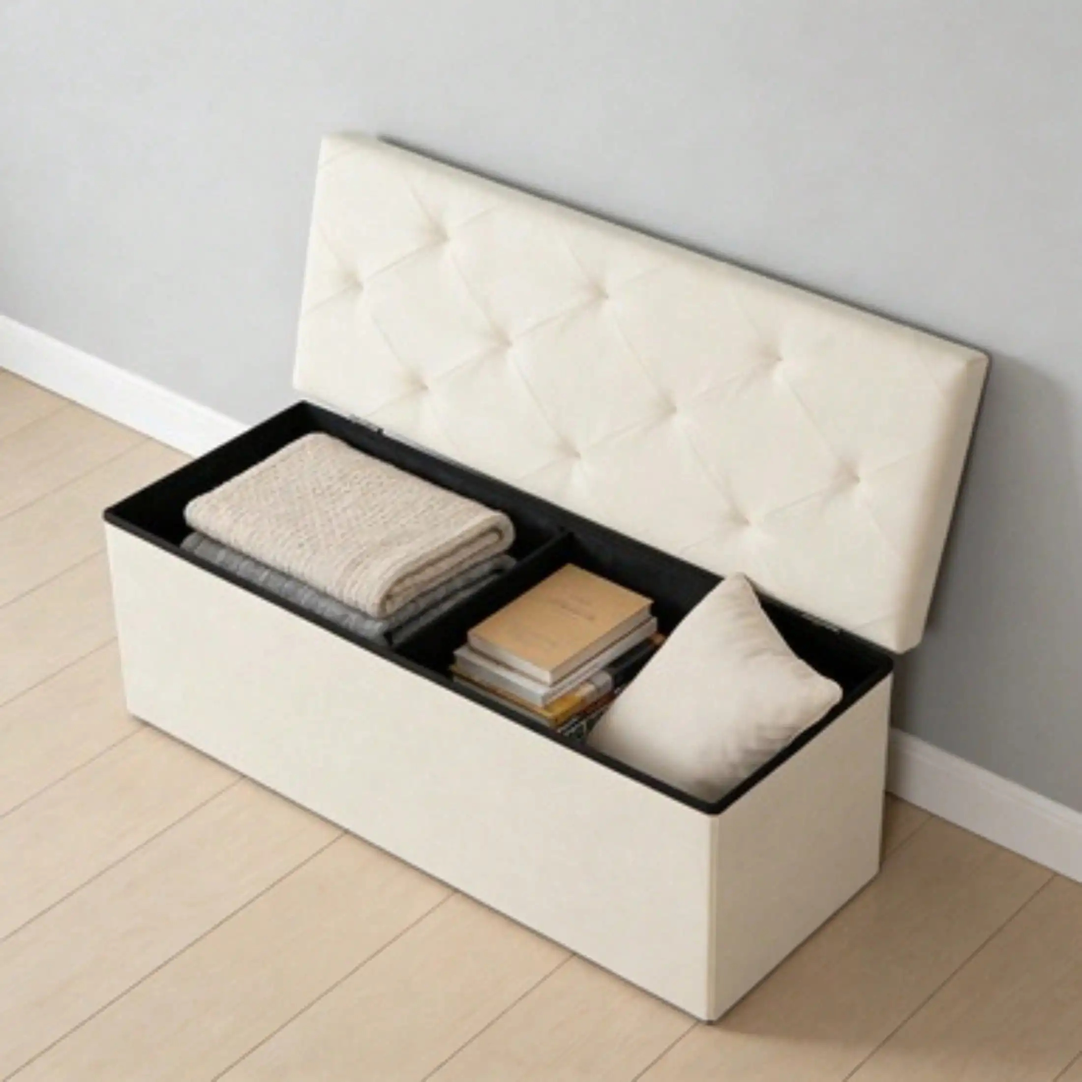 43 Inch Folding Ottoman With Storage Bench, Bedside Storage Bench With Linen Top Cover And Cushion, Footrest Suitable For Bedroom, Living Room, Beige