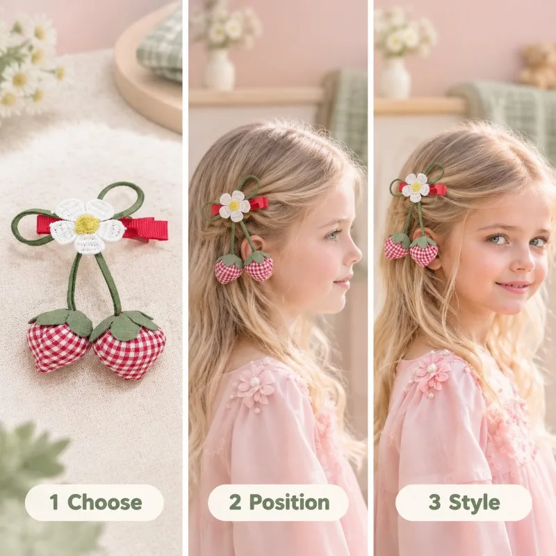 Sweet Strawberry Bow Hair Clips Girls Stereo Fruit Barrettes Cute Small Floral Side Hair Pins Summer Fresh Kids Hair Accessories