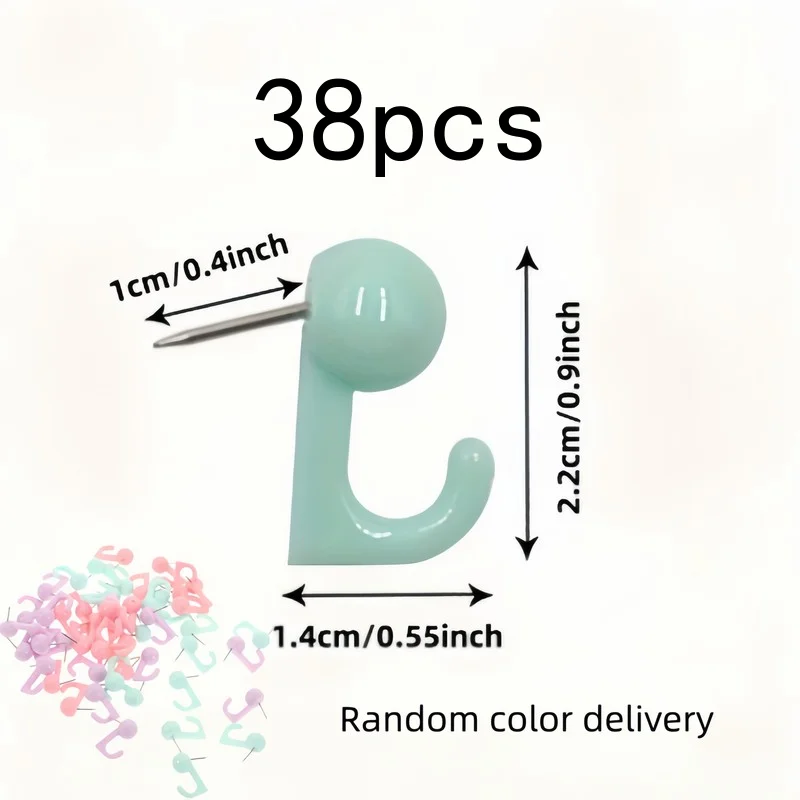 38 pcs Random Color Push Pin Hooks, Sturdy and Easy to Install, for Photo Walls, Corkboards and Calendars
