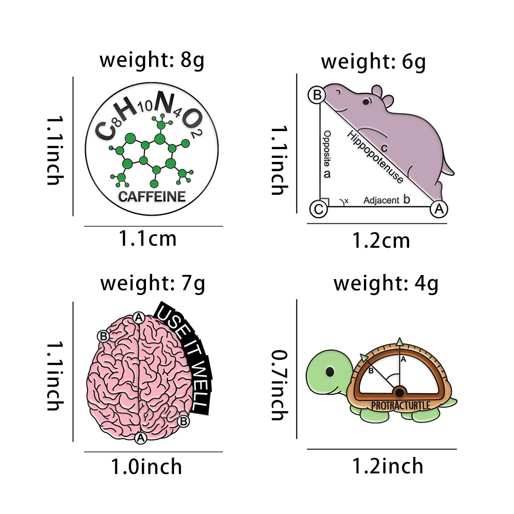 Alfileres personalizados, broche de hipopótamo y tortuga, utiliza el cerebro, bien, insignia de solapa de cafeína, joyería divertida de animales, regalo para niños, amigos, álbumes de matemáticas, esmalte