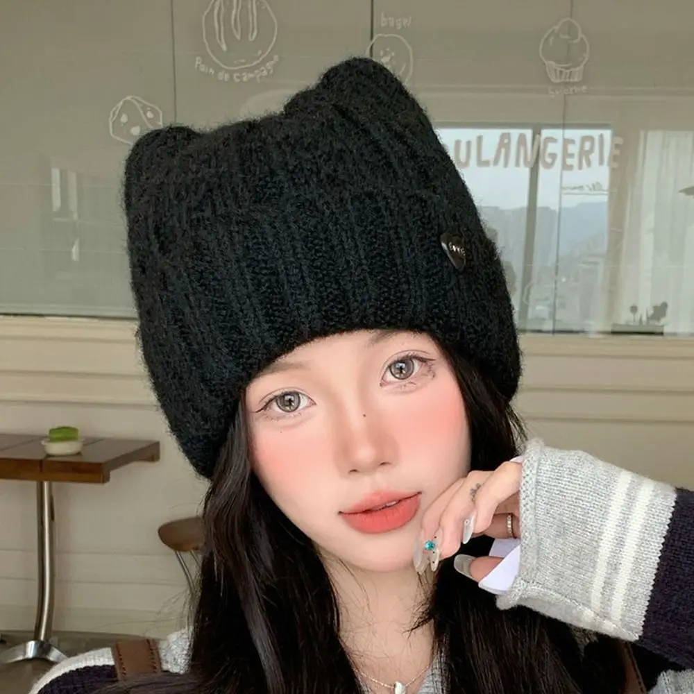 Japanese Style Polyester Knitted Beanie Hat Warm 56cm to 58cm Cat Ear Beanie Heart Label Face Slimming Hat For Women