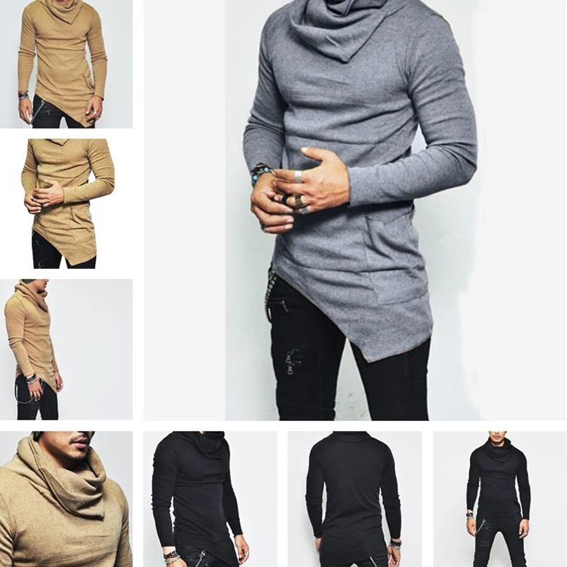 

Men's Hoodies Unbalance Hem Pocket Long Sleeve Sweatshirt Men Clothing Autumn Pullover Turtleneck Sweatshirt Tops