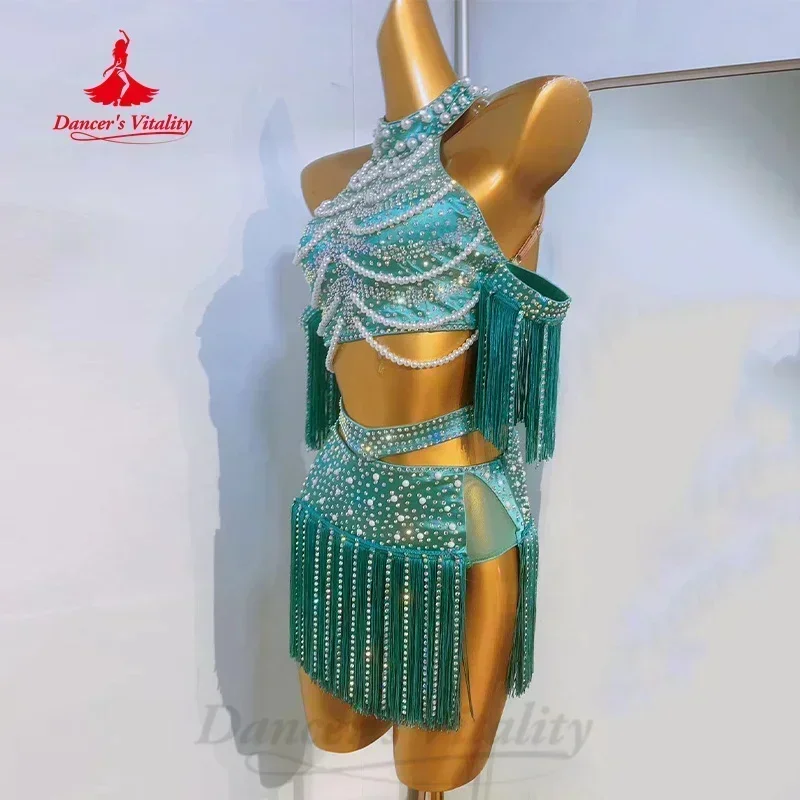 Latin Dance Performance Set Women Customized Exquisite Pearl Top+Tassel Short Skirt 2pcs Tango Samba Rumba Competition Outfit