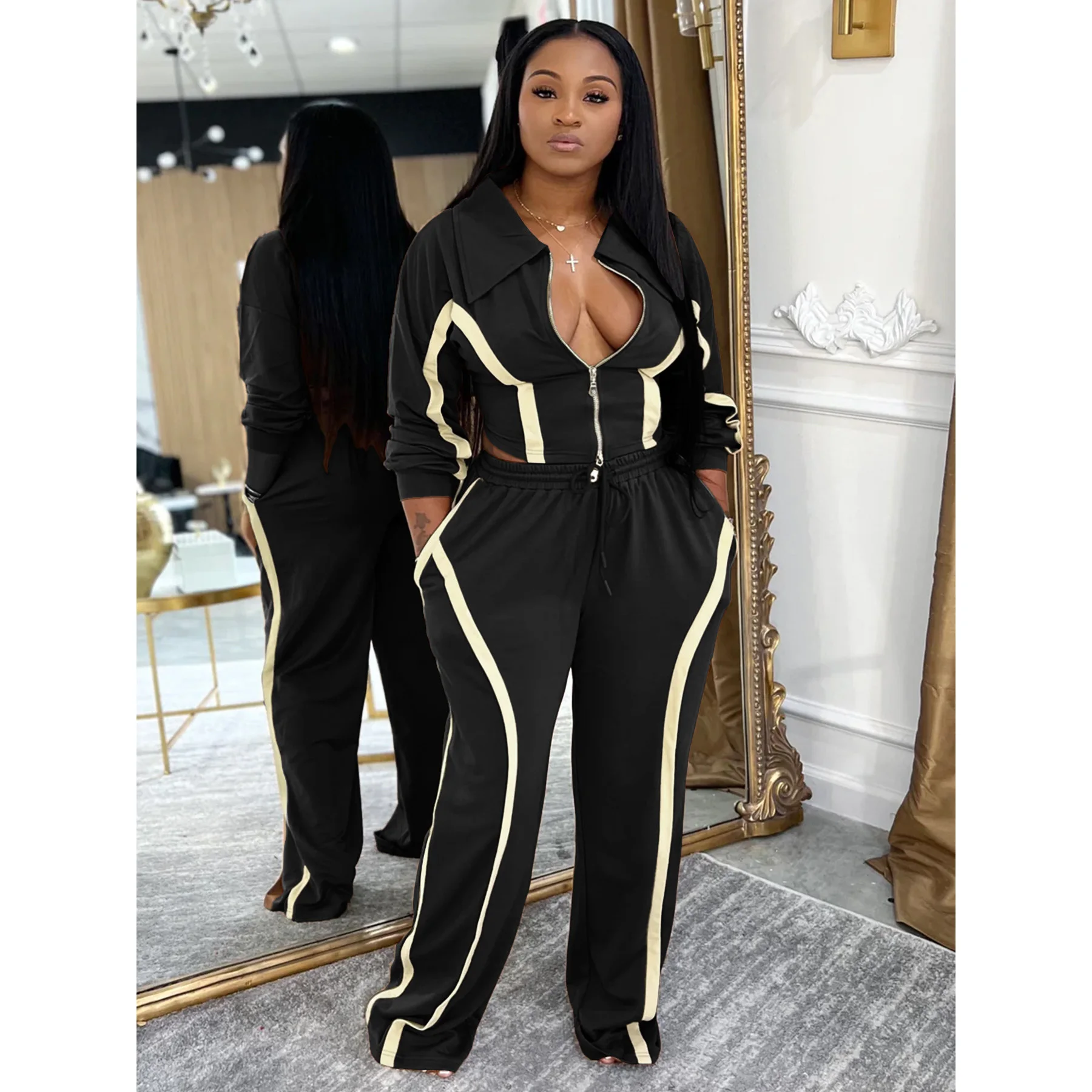 ชุดเซ็ตเสื้อครอปและกางเกงขายาวสำหรับผู้หญิง สไตล์ Y2K แฟชั่นสตรีทแวร์ ชุดออกกำลังกายดีไซน์เนอร์ แจ็คเก็ตและโค้ทสุดหรู ชุดสองชิ้น