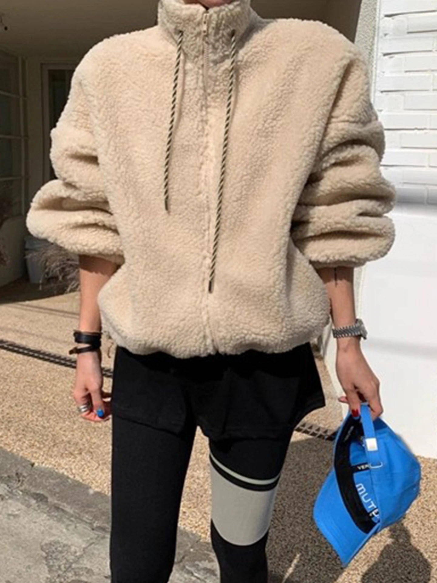 Dames agneau fourrure coton Jaet fermeture éclair ample Sle col montant hiver nouveauté Faion trajet Sle Polyester Fiber