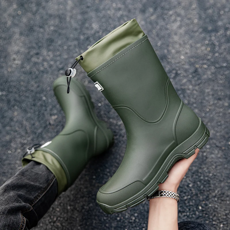 

Kuangxun Men's Mid-Calf Waterproof Non-Slip Rain Boots Kitchen Work Thi Bot Wear-Resistant Bule Water Boots