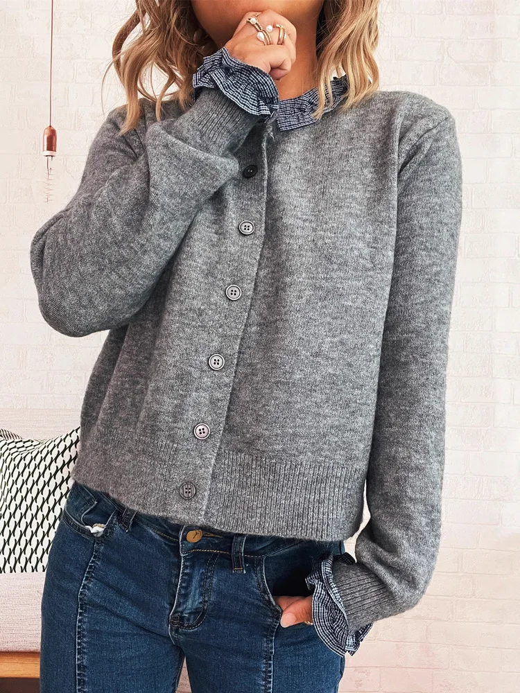 

Women Lace Splicing Single-breasted Long-sleeve Knitted Cardigan Female Fashion Casual Sweater Coats