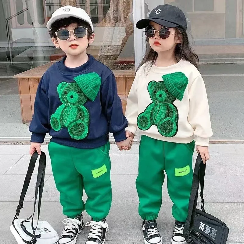 New Spring Autumn Girls Clothing Set Cartoon Bear Pattern Sweatshirt+Pants 2Pcs Outfit For Kids Children Birthday Present Suits