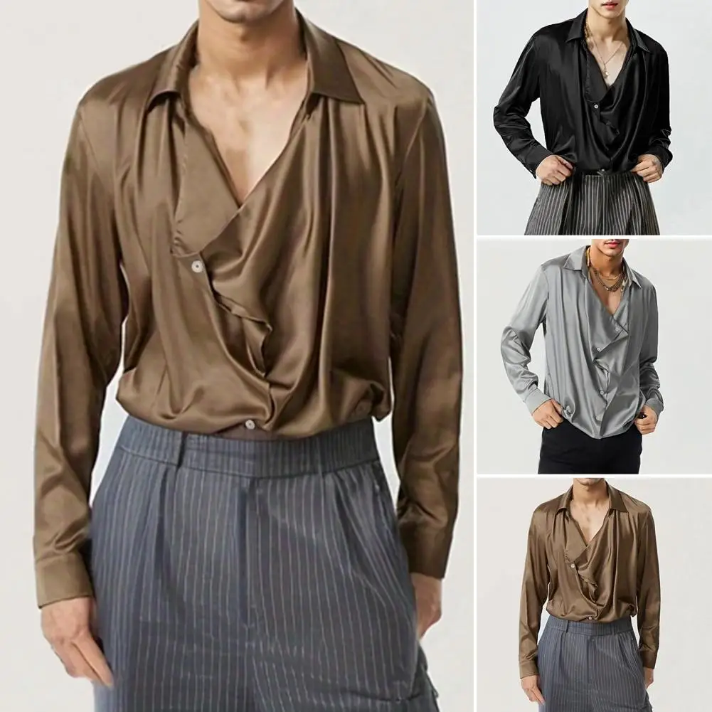 Long Sleeve Lapel Shirt Style Satin Party Shirt for Men with Baggy Front Design Lapel Collar Loose Fit Long Sleeve Club for Wear