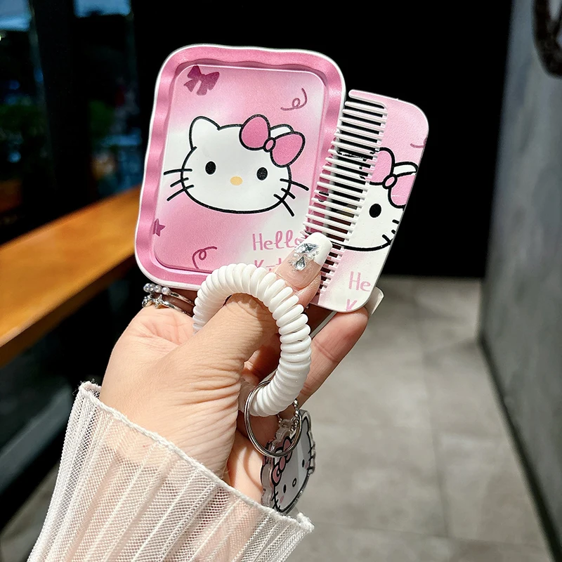 Cute Sanrio Pink Hello Kitty Cat Portable Folding Mini Handheld Makeup Mirror With Comb Durable Gift Student Pendant Beauty Tool