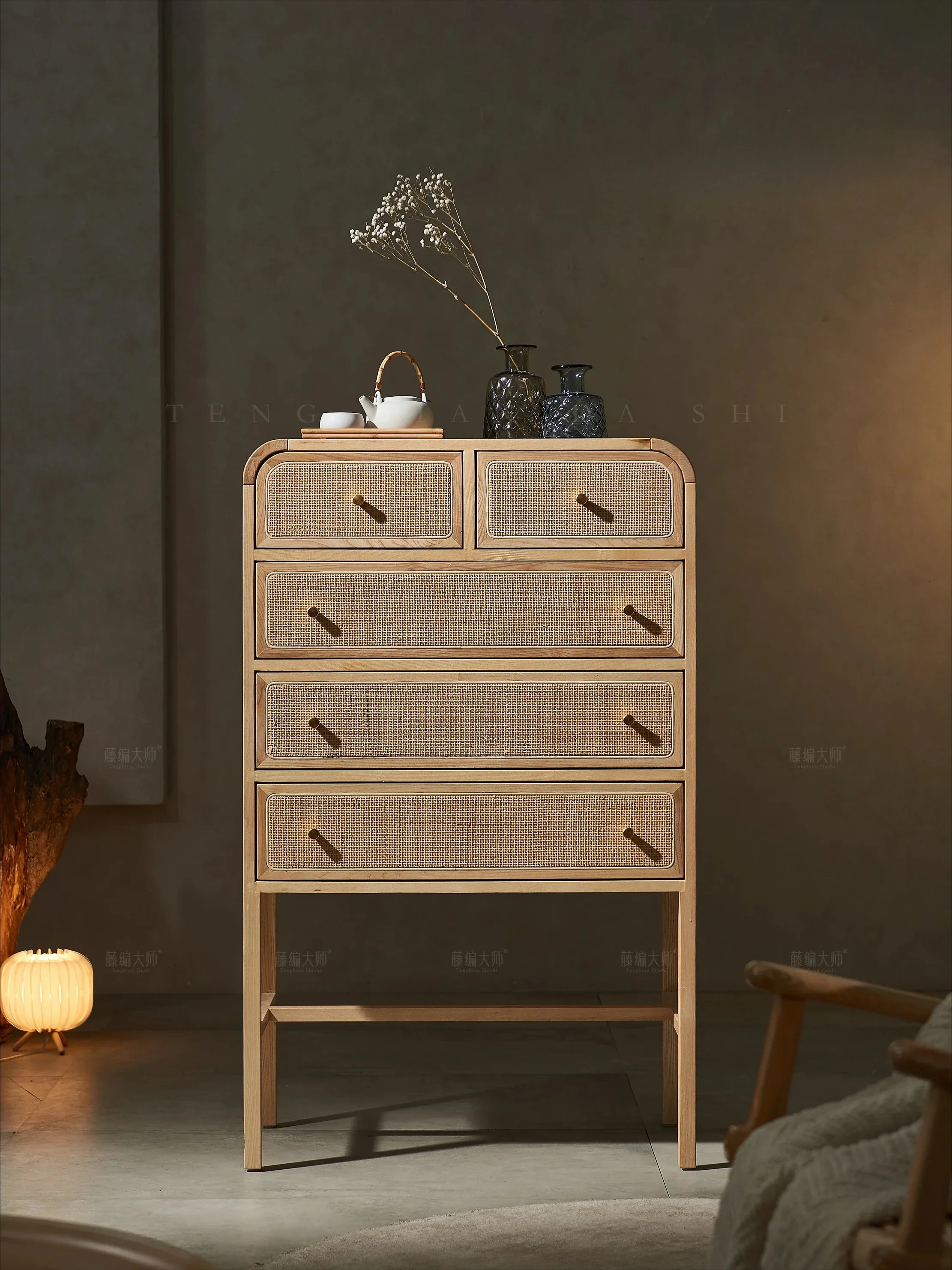 Japanese-Style Rattan Chest of Drawers Living Room Entrance High Leg Entrance Cabinet Solid Wood Storage Side Cabinet