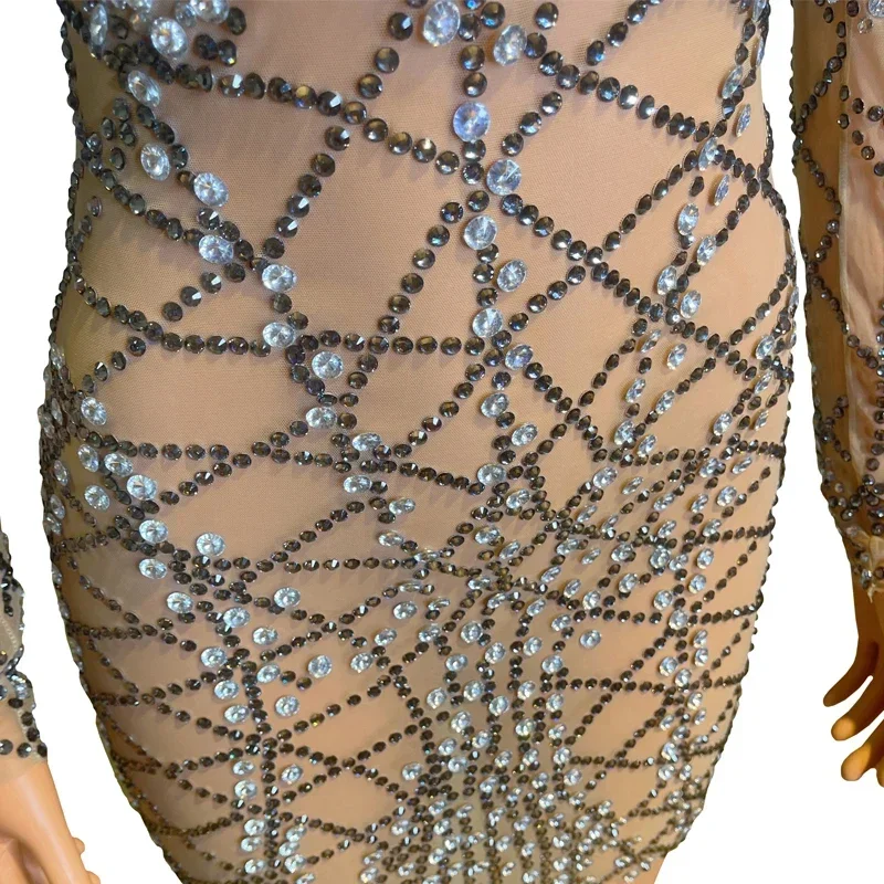 Volle Strass Kleid Sexy Mesh Transparent Kleid Frauen Abend Geburtstag Feiern Outfit Bühne Sängerin Tänzerin Kostüm XS6086